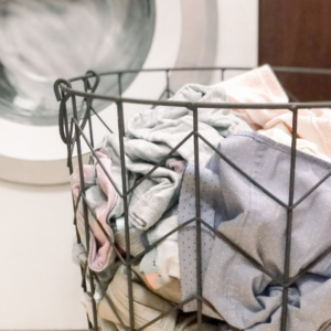 photo of laundry in a wire laundry basket