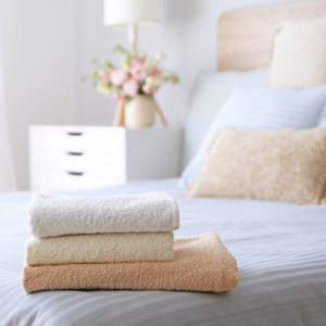 folded laundry sitting on a bed.